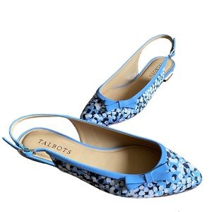 Talbots Edison Slingback Blue Floral Bow Flats w/gold heels -Size 6 1/2 M - NWOT